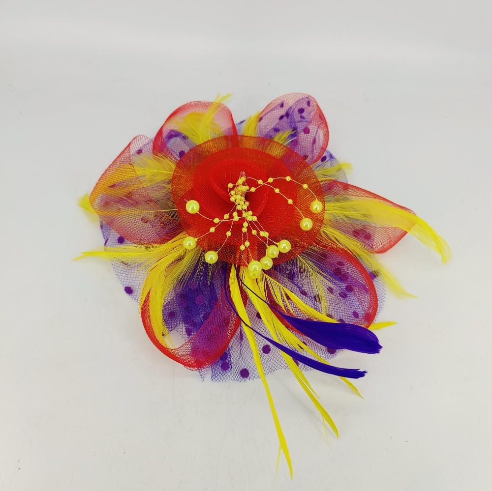 Beautiful Tulle Feather Large Fancy Barrett Hair Clip Purple Yellow Red hat